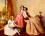 Abraham Solomon Canvas Paintings - A Portrait Of Two Girls With Their Governess